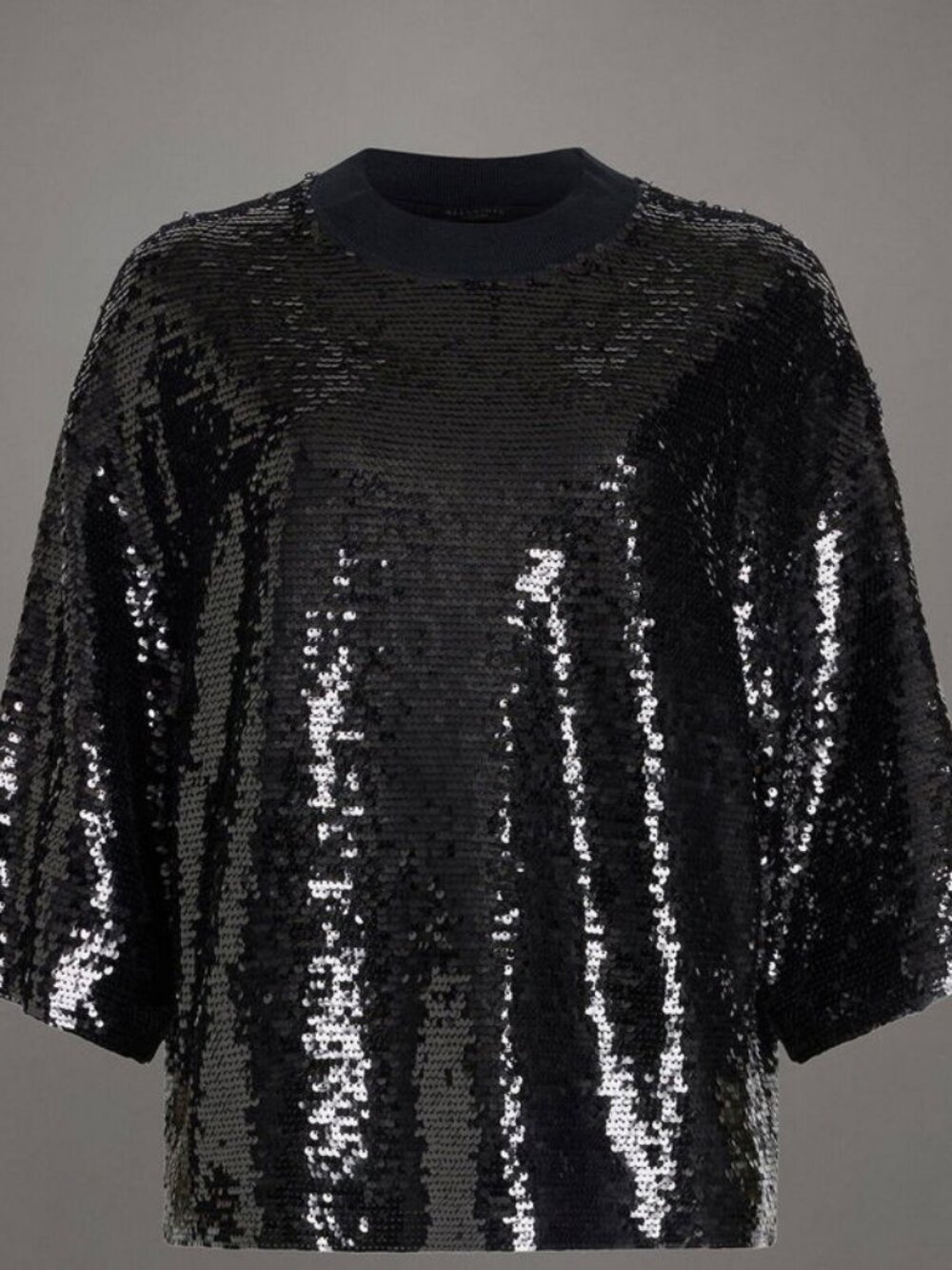 AllSaints Juela Black Sequin Oversized Crop Tee Large